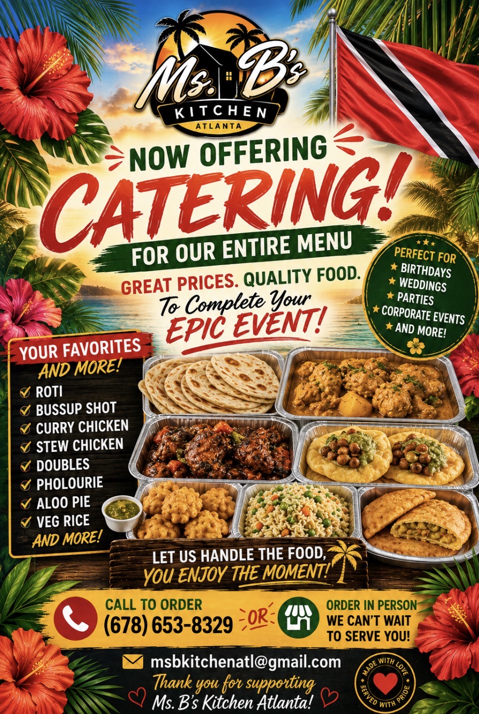 Ms. B's Kitchen Atlanta catering flyer showing roti, curry chicken, doubles, pholourie and aloo pie in catering trays