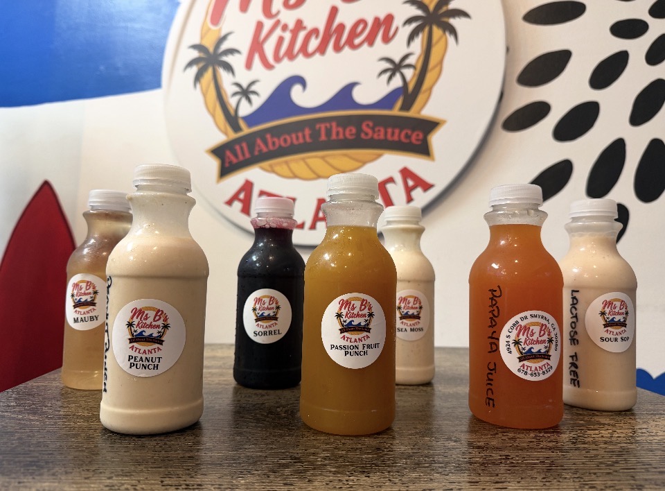 Ms. B's fresh island juice bottles, sorrel, peanut punch, passion fruit, sea moss, mauby and more